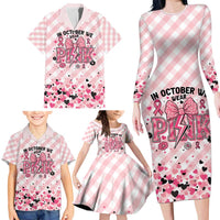 Personalized In October We Wear Pink Family Matching Long Sleeve Bodycon Dress and Hawaiian Shirt Pink Pretty Bow Pastel Gingham - Wonder Print Shop