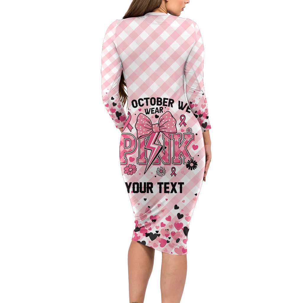 Personalized In October We Wear Pink Family Matching Long Sleeve Bodycon Dress and Hawaiian Shirt Pink Pretty Bow Pastel Gingham - Wonder Print Shop