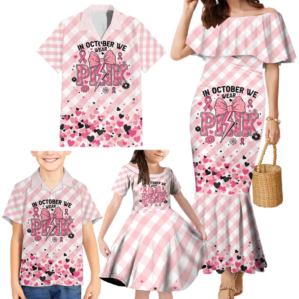 Personalized In October We Wear Pink Family Matching Mermaid Dress and Hawaiian Shirt Pink Pretty Bow Pastel Gingham - Wonder Print Shop
