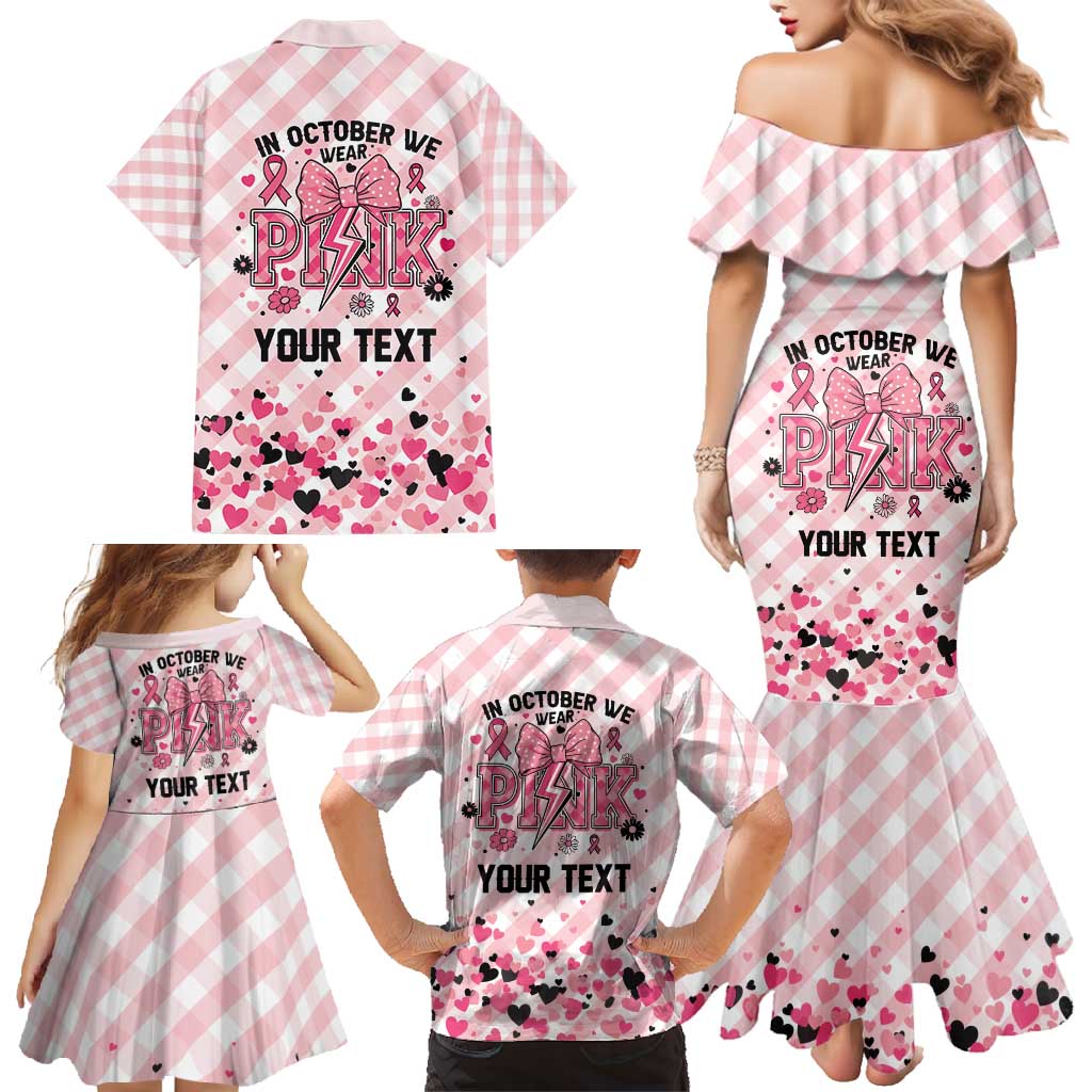 Personalized In October We Wear Pink Family Matching Mermaid Dress and Hawaiian Shirt Pink Pretty Bow Pastel Gingham - Wonder Print Shop