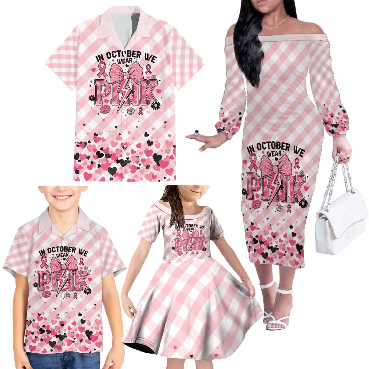 Personalized In October We Wear Pink Family Matching Off The Shoulder Long Sleeve Dress and Hawaiian Shirt Pink Pretty Bow Pastel Gingham - Wonder Print Shop