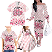 Personalized In October We Wear Pink Family Matching Off The Shoulder Long Sleeve Dress and Hawaiian Shirt Pink Pretty Bow Pastel Gingham - Wonder Print Shop