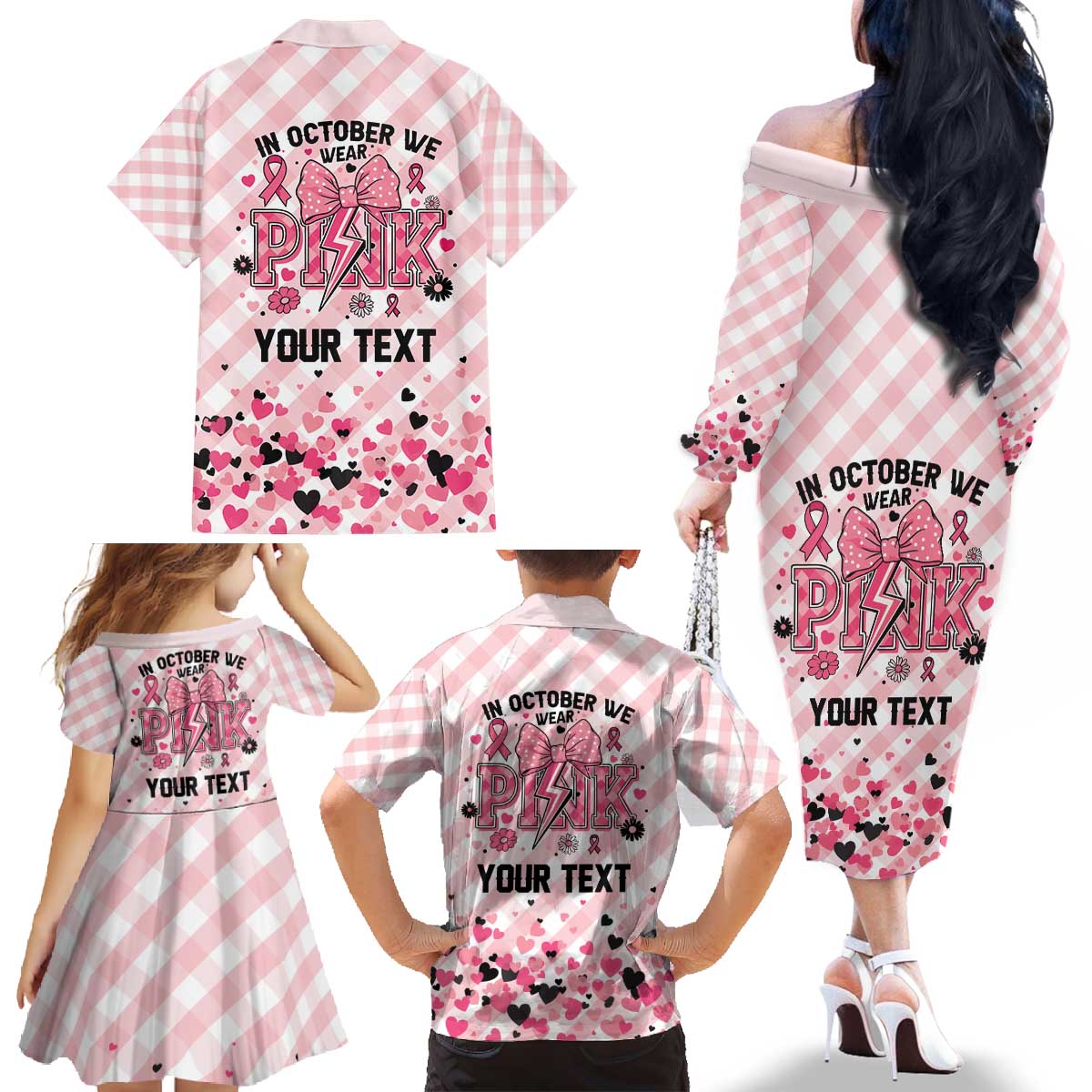 Personalized In October We Wear Pink Family Matching Off The Shoulder Long Sleeve Dress and Hawaiian Shirt Pink Pretty Bow Pastel Gingham - Wonder Print Shop