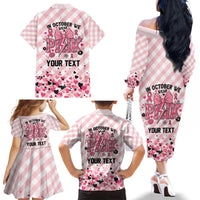 Personalized In October We Wear Pink Family Matching Off The Shoulder Long Sleeve Dress and Hawaiian Shirt Pink Pretty Bow Pastel Gingham - Wonder Print Shop