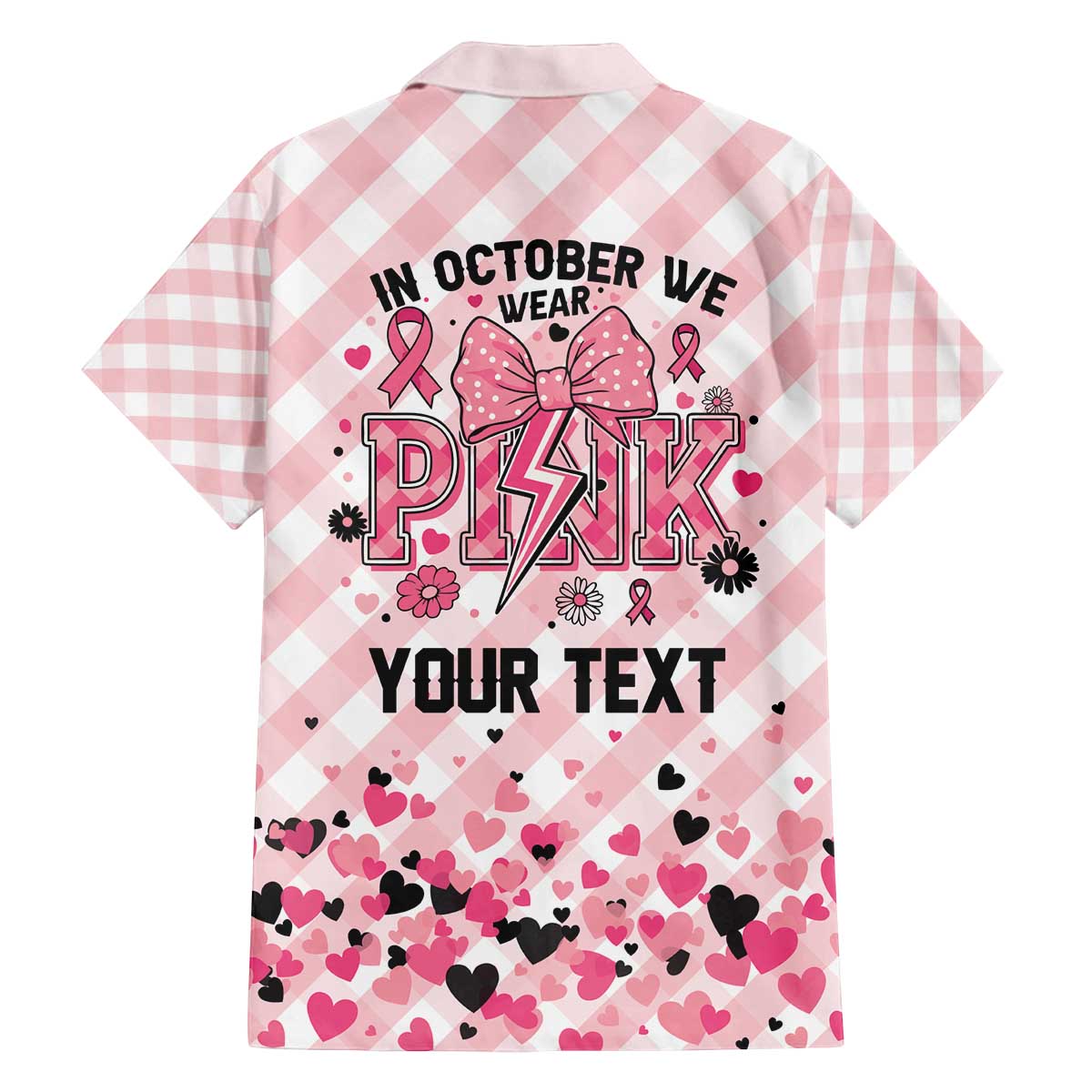 Personalized In October We Wear Pink Family Matching Off The Shoulder Long Sleeve Dress and Hawaiian Shirt Pink Pretty Bow Pastel Gingham - Wonder Print Shop
