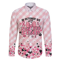 Personalized In October We Wear Pink Family Matching Off The Shoulder Long Sleeve Dress and Hawaiian Shirt Pink Pretty Bow Pastel Gingham - Wonder Print Shop