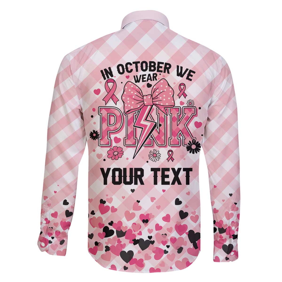 Personalized In October We Wear Pink Family Matching Off The Shoulder Long Sleeve Dress and Hawaiian Shirt Pink Pretty Bow Pastel Gingham - Wonder Print Shop