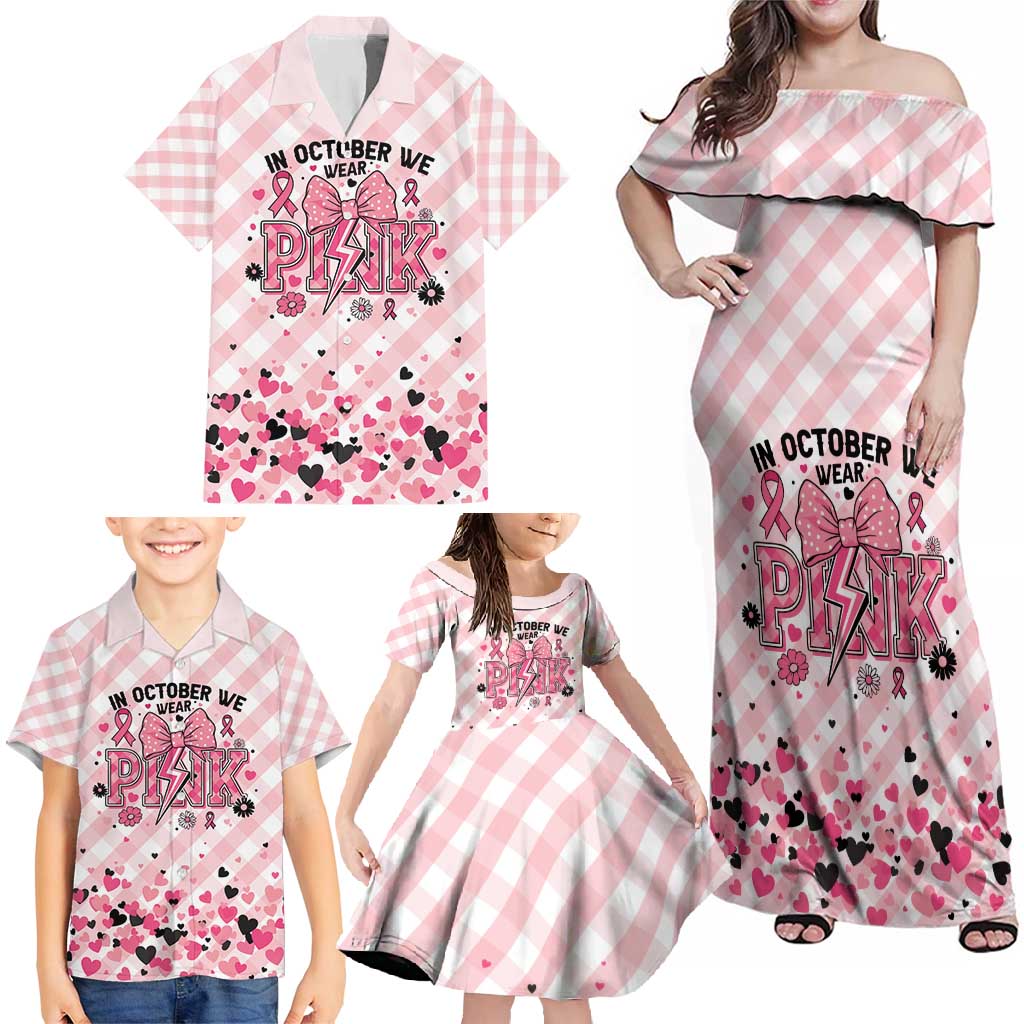 Personalized In October We Wear Pink Family Matching Off Shoulder Maxi Dress and Hawaiian Shirt Pink Pretty Bow Pastel Gingham - Wonder Print Shop