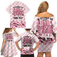 Personalized In October We Wear Pink Family Matching Off Shoulder Short Dress and Hawaiian Shirt Pink Pretty Bow Pastel Gingham - Wonder Print Shop