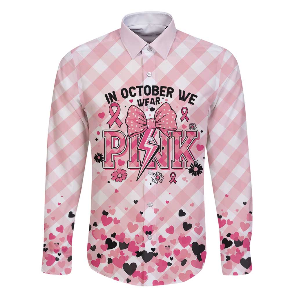 Personalized In October We Wear Pink Family Matching Off Shoulder Short Dress and Hawaiian Shirt Pink Pretty Bow Pastel Gingham - Wonder Print Shop