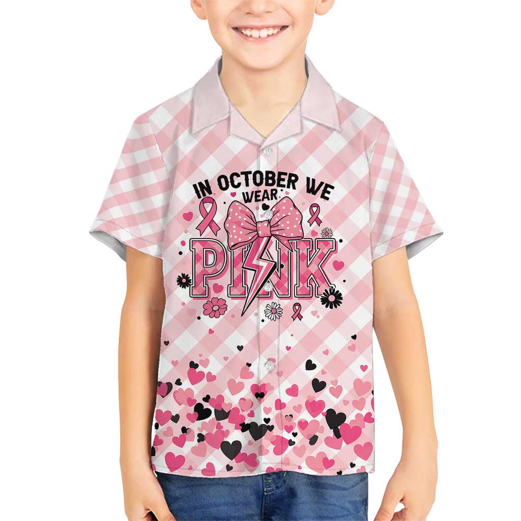 Personalized In October We Wear Pink Family Matching Off Shoulder Short Dress and Hawaiian Shirt Pink Pretty Bow Pastel Gingham - Wonder Print Shop