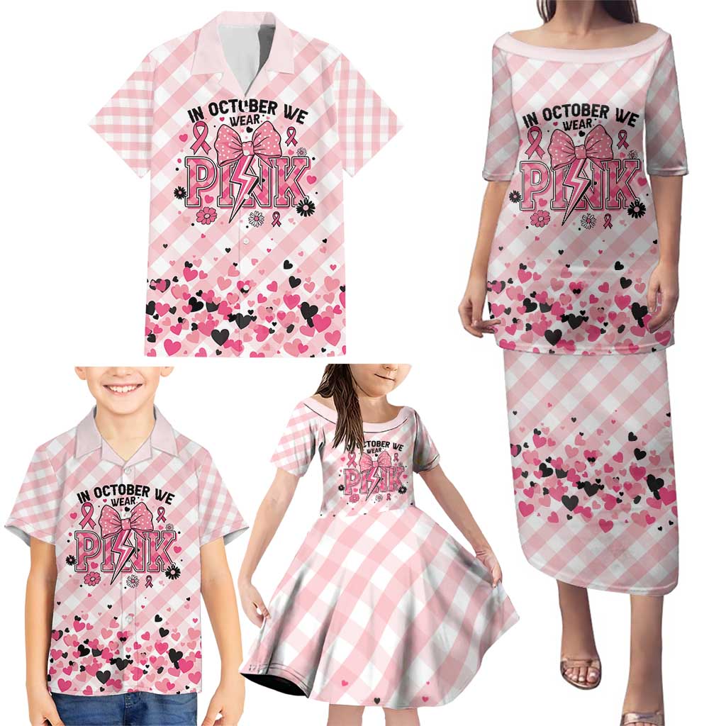 Personalized In October We Wear Pink Family Matching Puletasi and Hawaiian Shirt Pink Pretty Bow Pastel Gingham - Wonder Print Shop