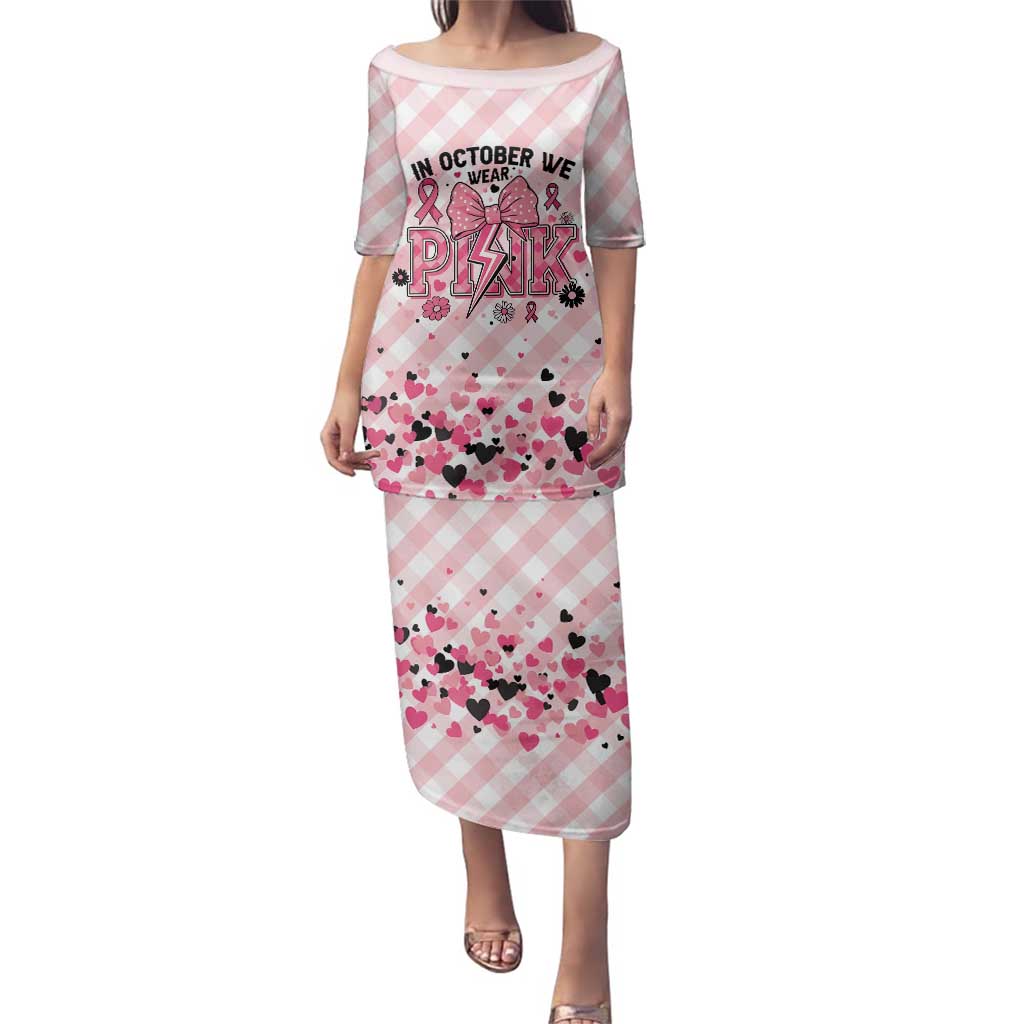 Personalized In October We Wear Pink Family Matching Puletasi and Hawaiian Shirt Pink Pretty Bow Pastel Gingham - Wonder Print Shop