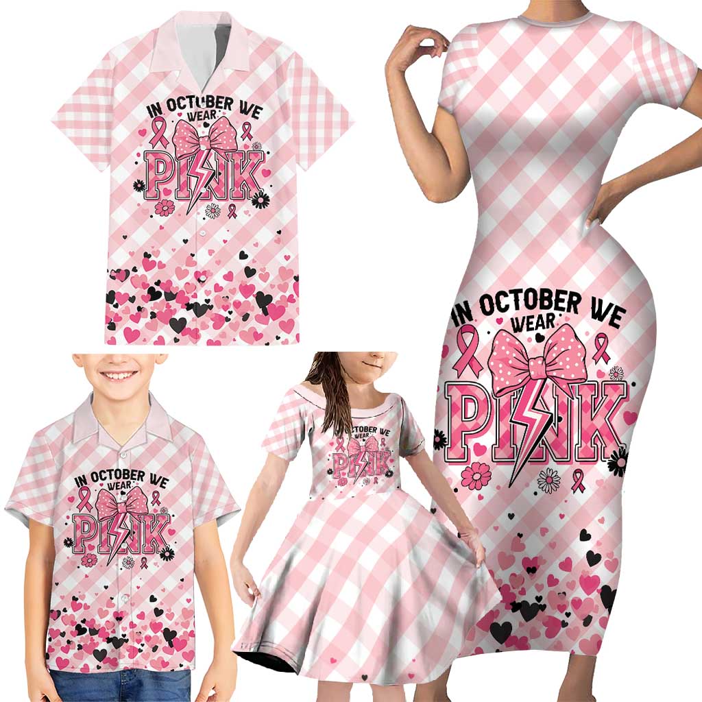 Personalized In October We Wear Pink Family Matching Short Sleeve Bodycon Dress and Hawaiian Shirt Pink Pretty Bow Pastel Gingham - Wonder Print Shop