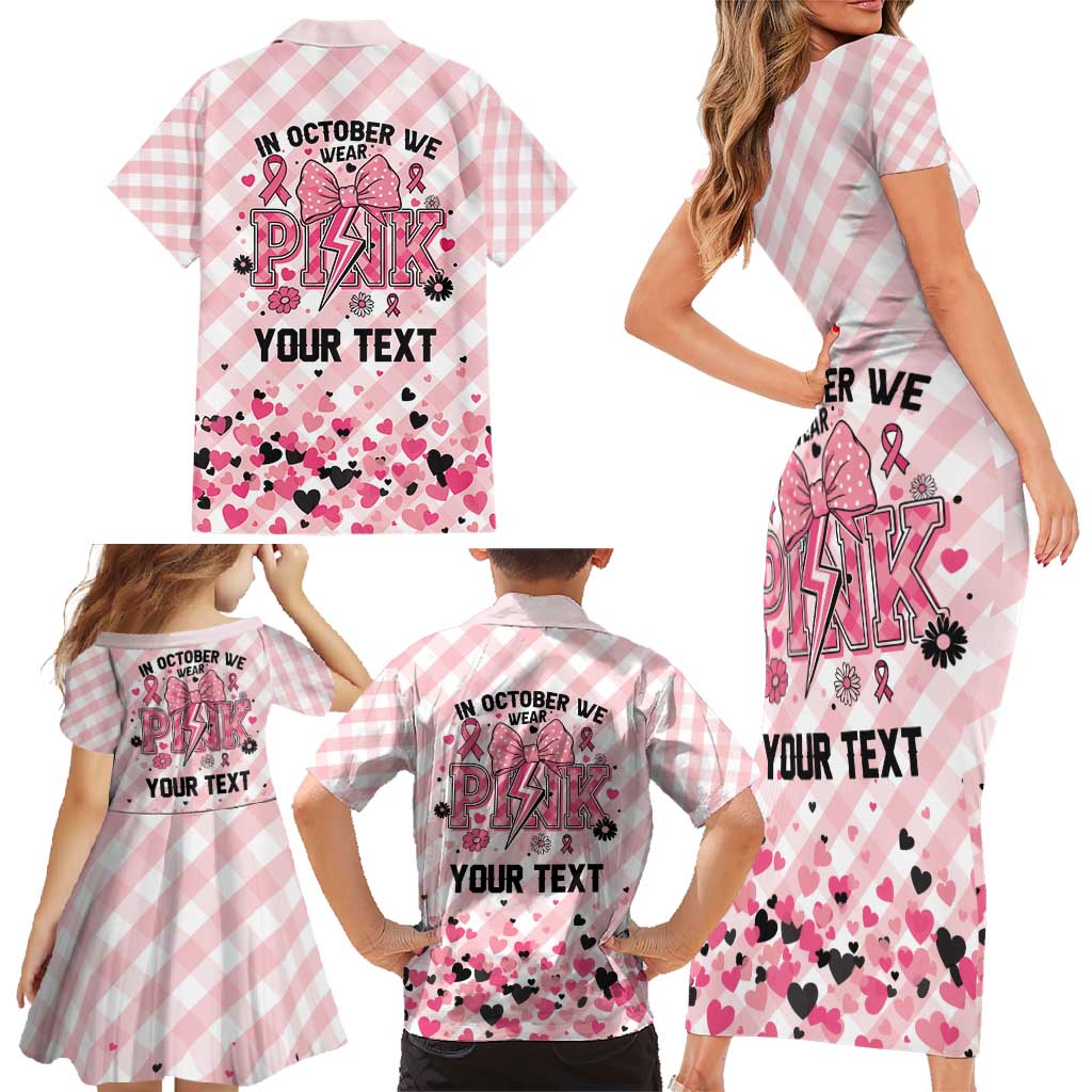 Personalized In October We Wear Pink Family Matching Short Sleeve Bodycon Dress and Hawaiian Shirt Pink Pretty Bow Pastel Gingham - Wonder Print Shop