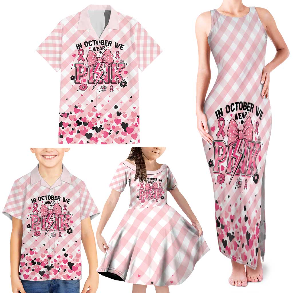 Personalized In October We Wear Pink Family Matching Tank Maxi Dress and Hawaiian Shirt Pink Pretty Bow Pastel Gingham - Wonder Print Shop