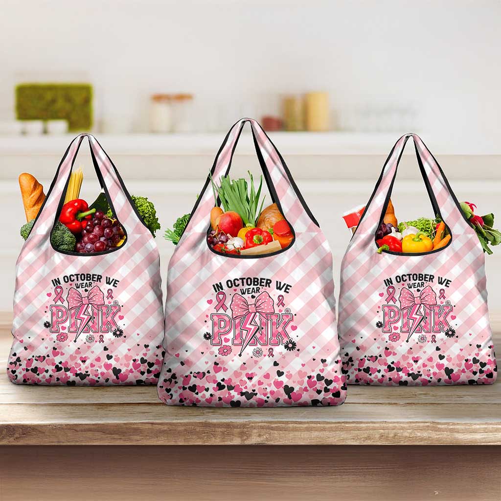In October We Wear Pink Grocery Bag Pink Pretty Bow Pastel Gingham - Wonder Print Shop
