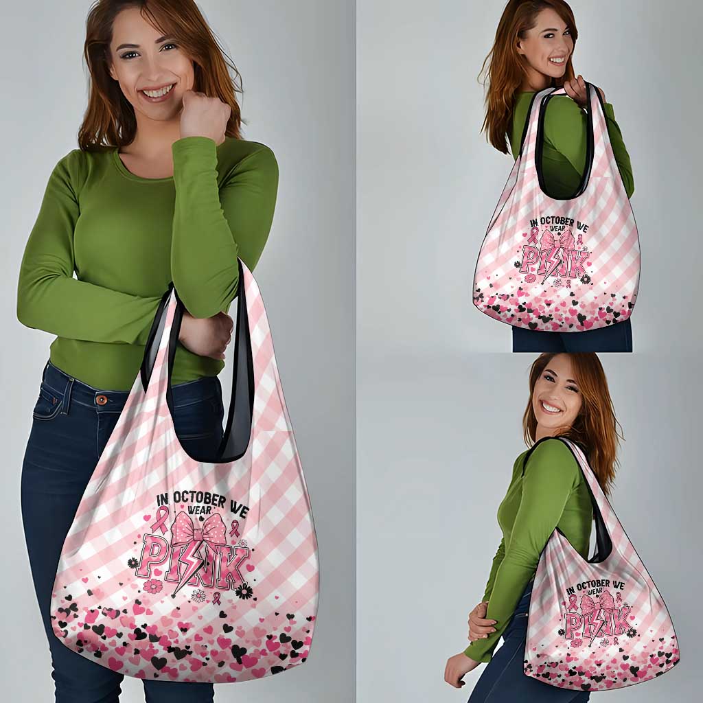 In October We Wear Pink Grocery Bag Pink Pretty Bow Pastel Gingham - Wonder Print Shop