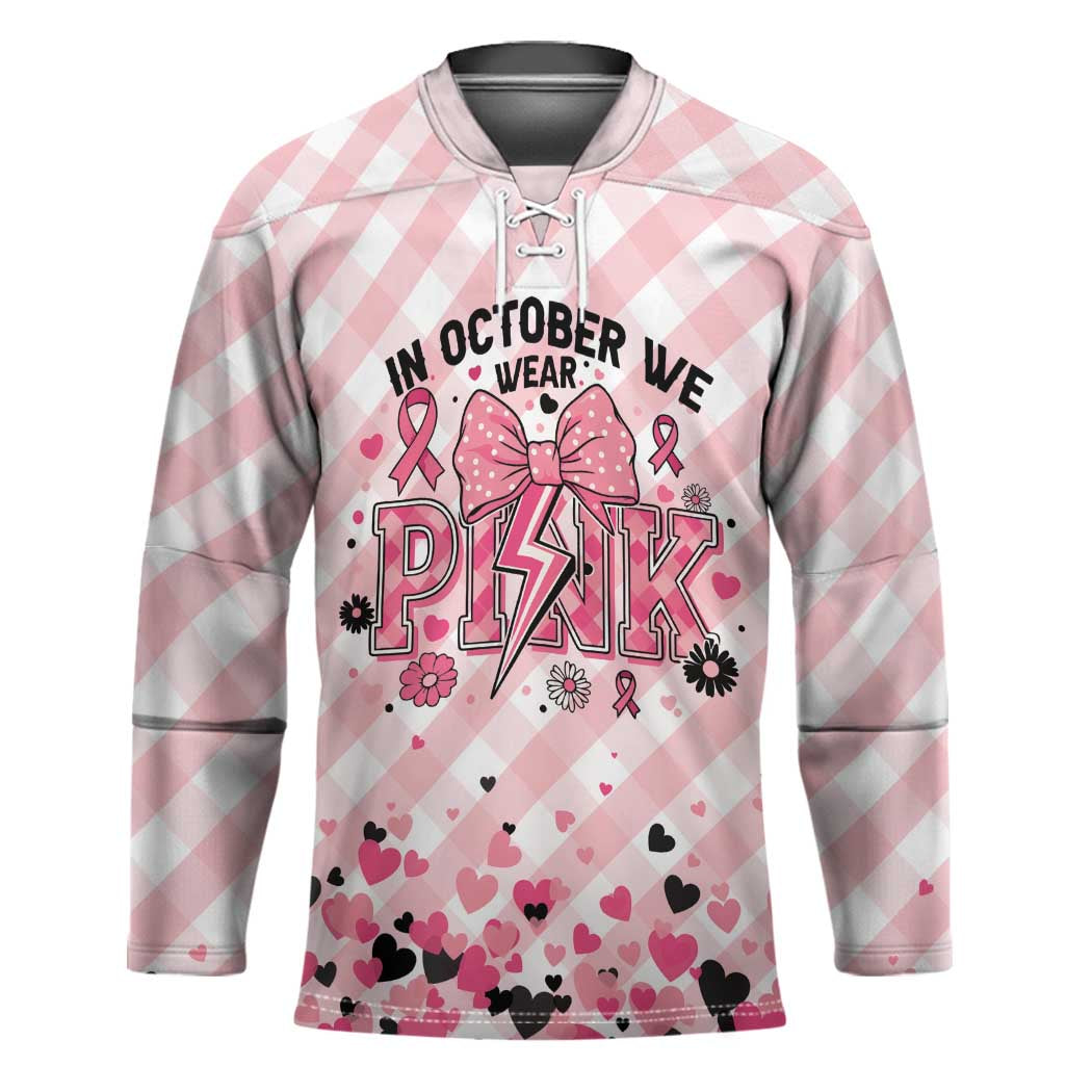 Personalized In October We Wear Pink Hockey Jersey Pink Pretty Bow Pastel Gingham - Wonder Print Shop