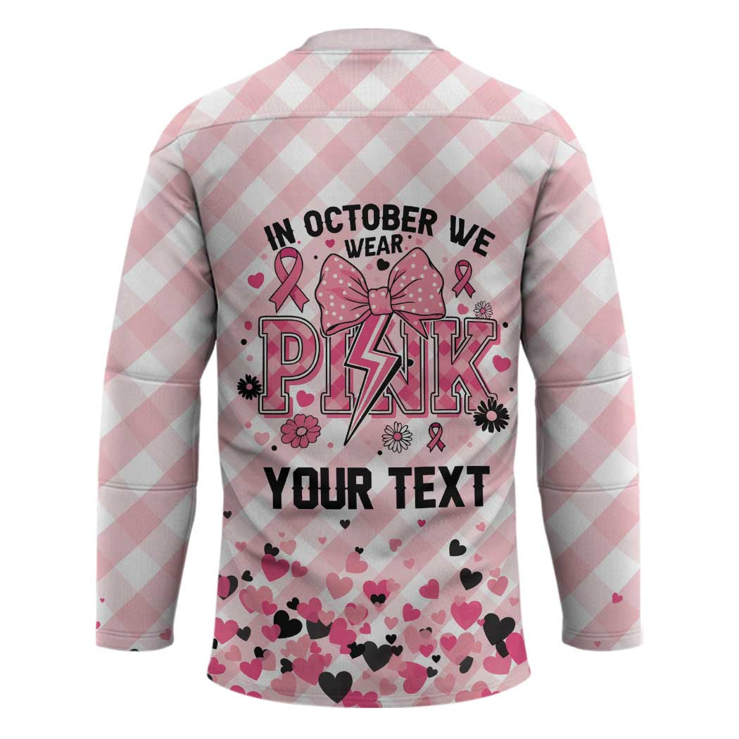 Personalized In October We Wear Pink Hockey Jersey Pink Pretty Bow Pastel Gingham - Wonder Print Shop