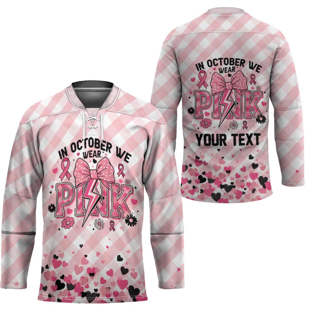 Personalized In October We Wear Pink Hockey Jersey Pink Pretty Bow Pastel Gingham - Wonder Print Shop