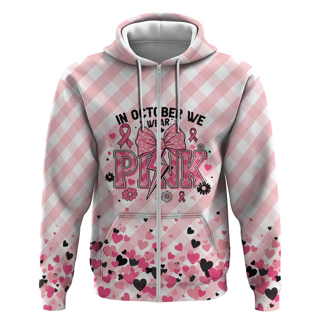Personalized In October We Wear Pink Hoodie Pink Pretty Bow Pastel Gingham - Wonder Print Shop