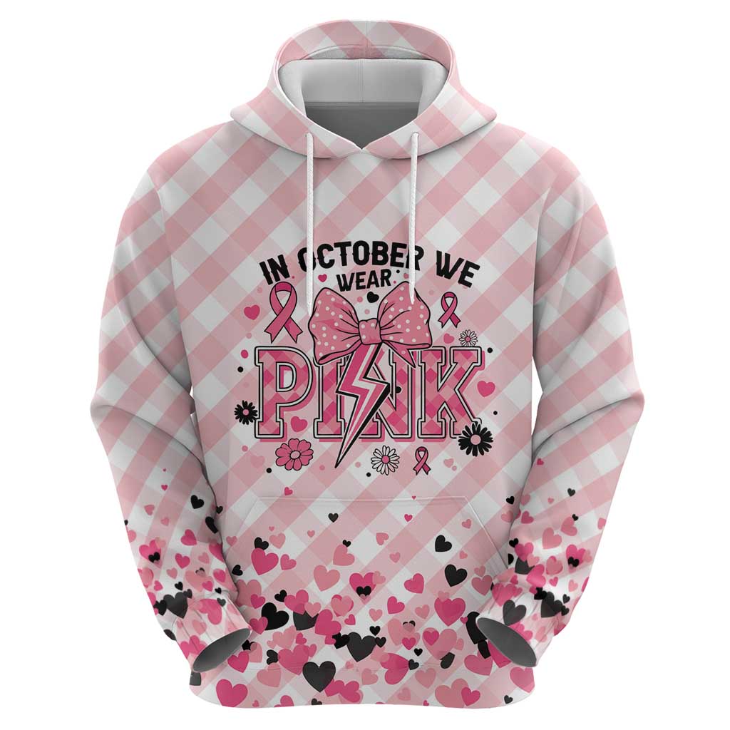 Personalized In October We Wear Pink Hoodie Pink Pretty Bow Pastel Gingham - Wonder Print Shop