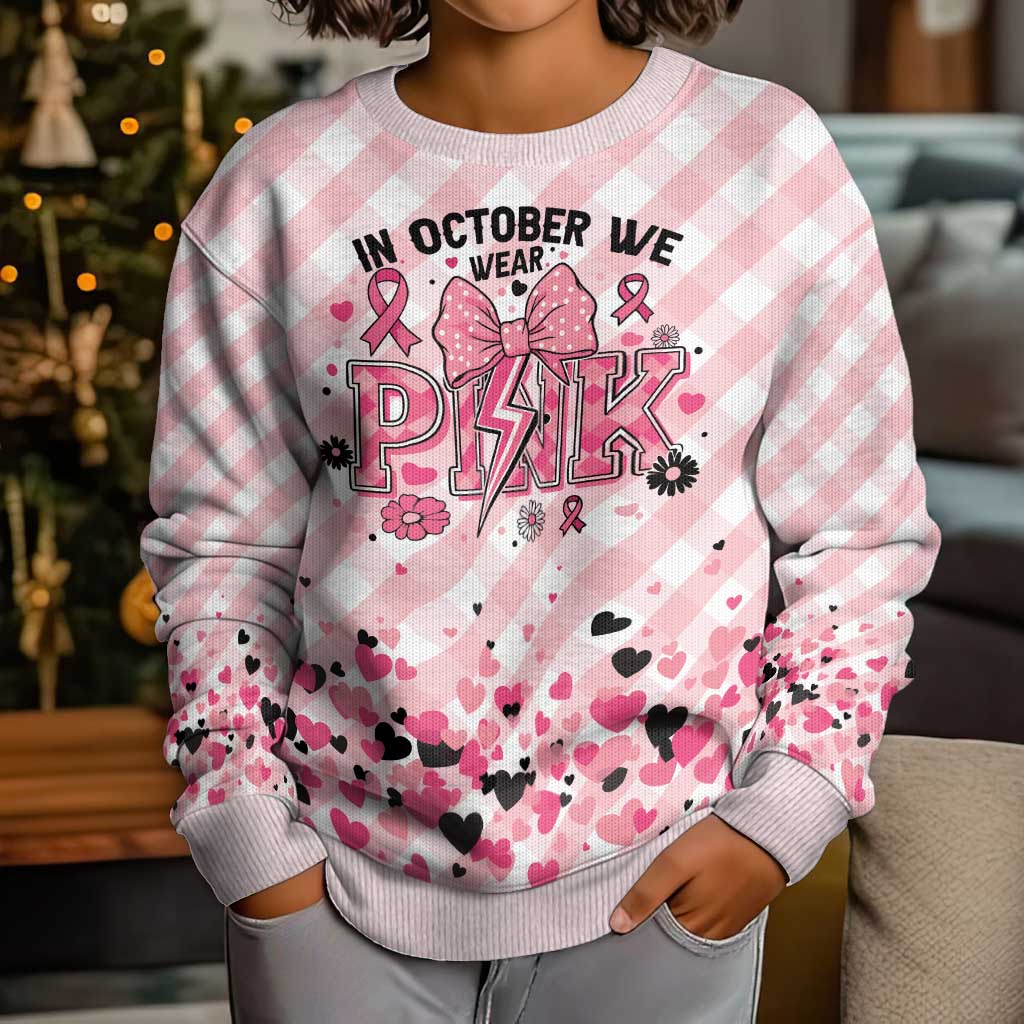 In October We Wear Pink Kid Ugly Christmas Sweater Pink Pretty Bow Pastel Gingham - Wonder Print Shop