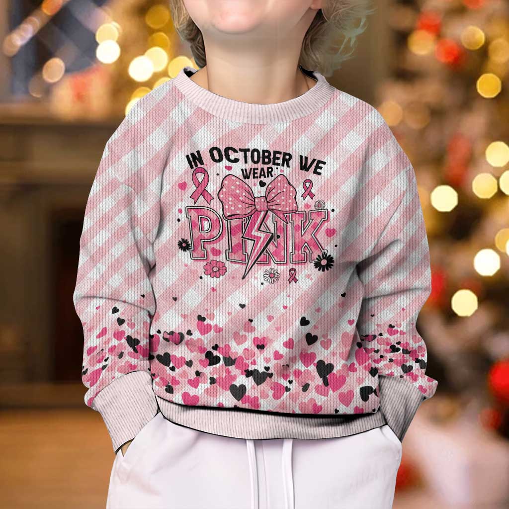 In October We Wear Pink Kid Ugly Christmas Sweater Pink Pretty Bow Pastel Gingham - Wonder Print Shop