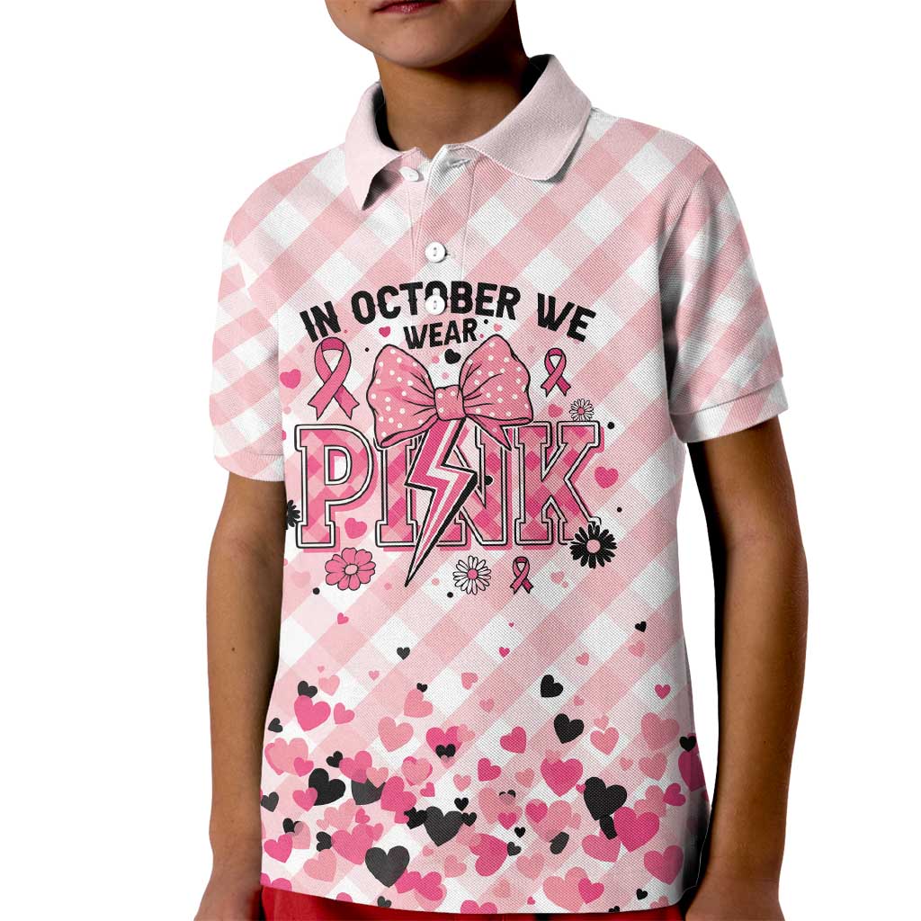Personalized In October We Wear Pink Kid Polo Shirt Pink Pretty Bow Pastel Gingham - Wonder Print Shop