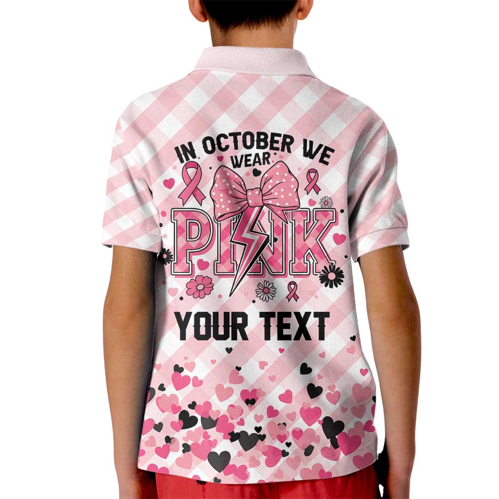 Personalized In October We Wear Pink Kid Polo Shirt Pink Pretty Bow Pastel Gingham - Wonder Print Shop
