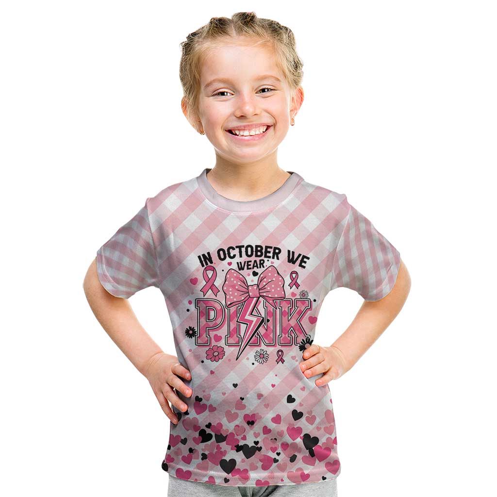 Personalized In October We Wear Pink Kid T Shirt Pink Pretty Bow Pastel Gingham - Wonder Print Shop