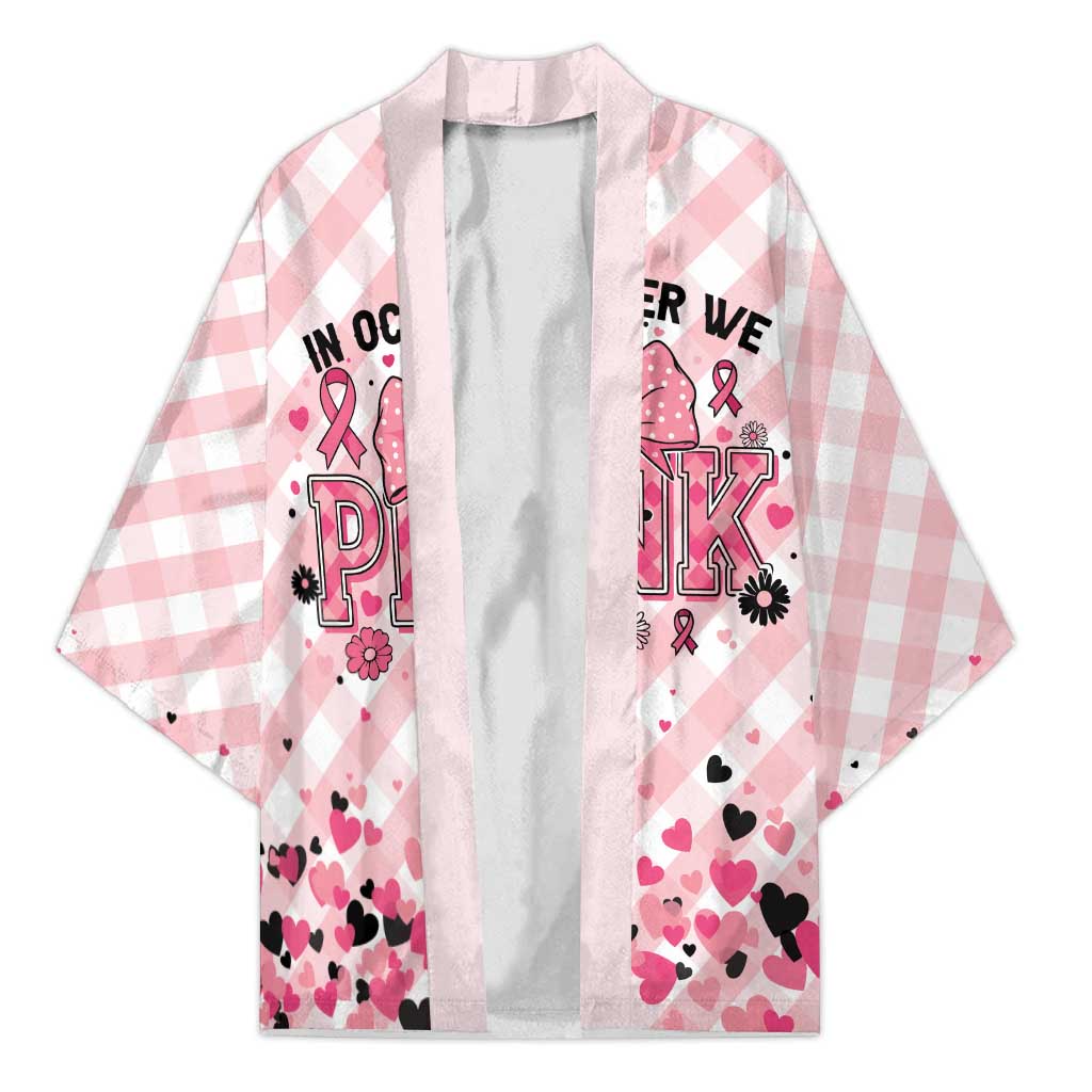 Personalized In October We Wear Pink Kimono Pink Pretty Bow Pastel Gingham - Wonder Print Shop