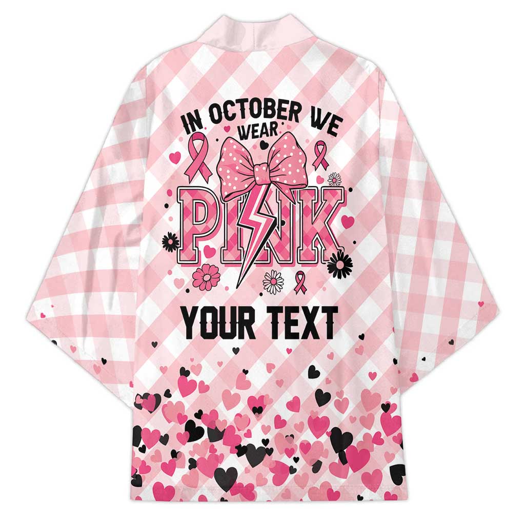 Personalized In October We Wear Pink Kimono Pink Pretty Bow Pastel Gingham - Wonder Print Shop