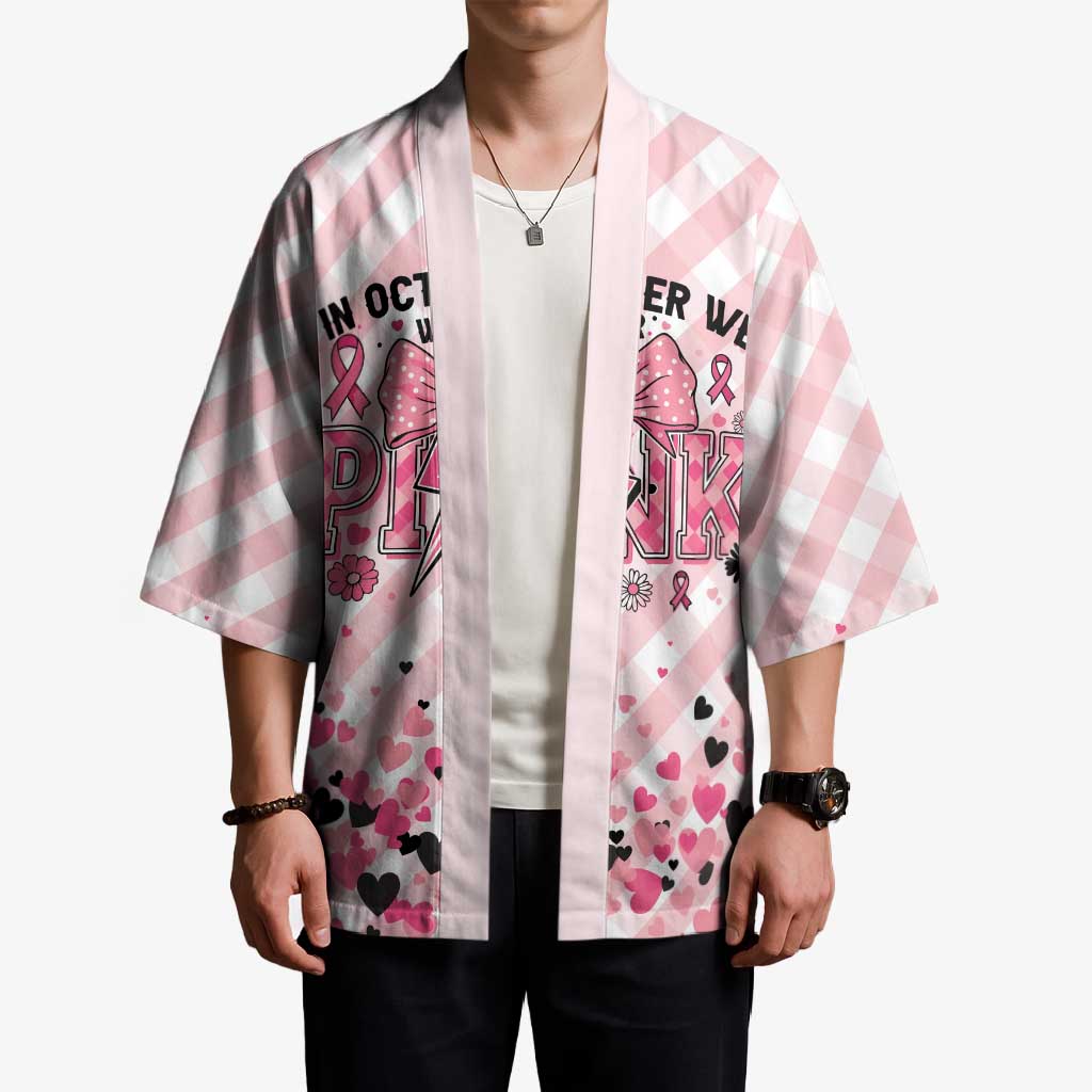 Personalized In October We Wear Pink Kimono Pink Pretty Bow Pastel Gingham - Wonder Print Shop