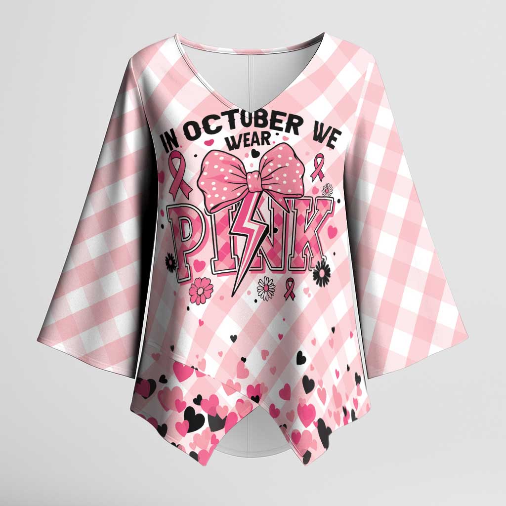 Personalized In October We Wear Pink Kimono Sleeve Blouse Pink Pretty Bow Pastel Gingham - Wonder Print Shop