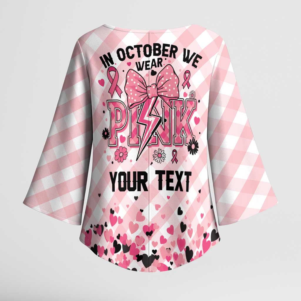 Personalized In October We Wear Pink Kimono Sleeve Blouse Pink Pretty Bow Pastel Gingham - Wonder Print Shop