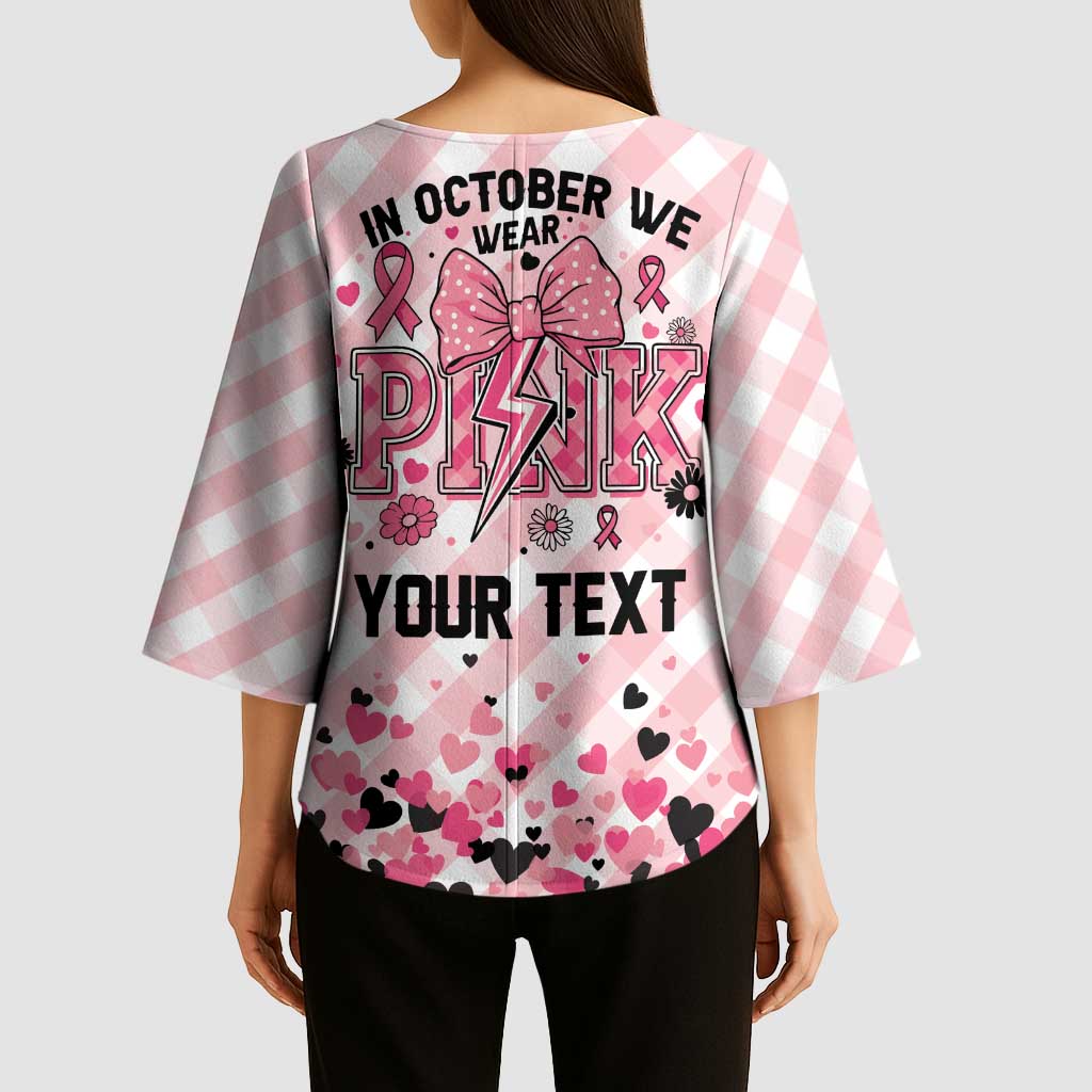 Personalized In October We Wear Pink Kimono Sleeve Blouse Pink Pretty Bow Pastel Gingham - Wonder Print Shop
