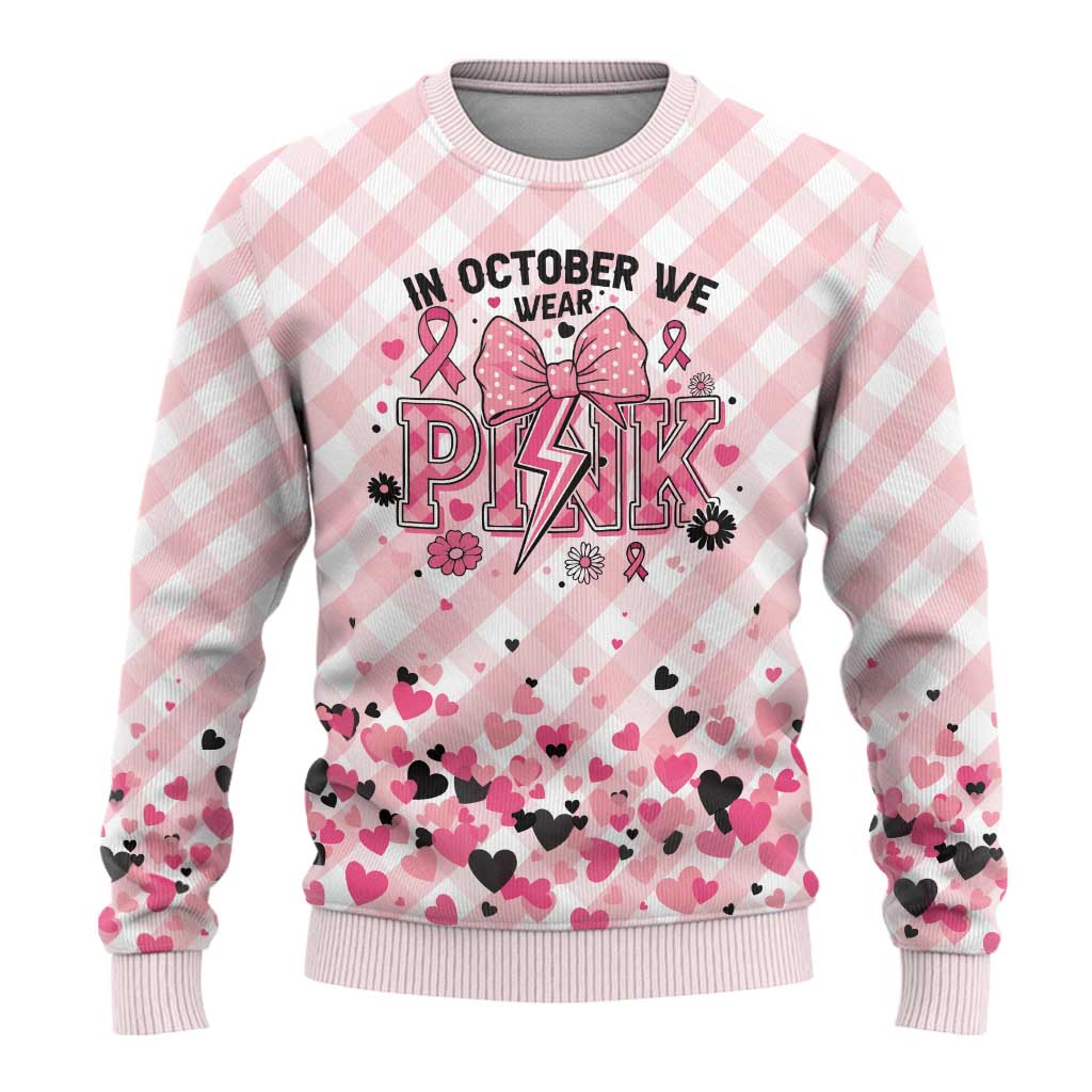 In October We Wear Pink Ugly Christmas Sweater Pink Pretty Bow Pastel Gingham - Wonder Print Shop