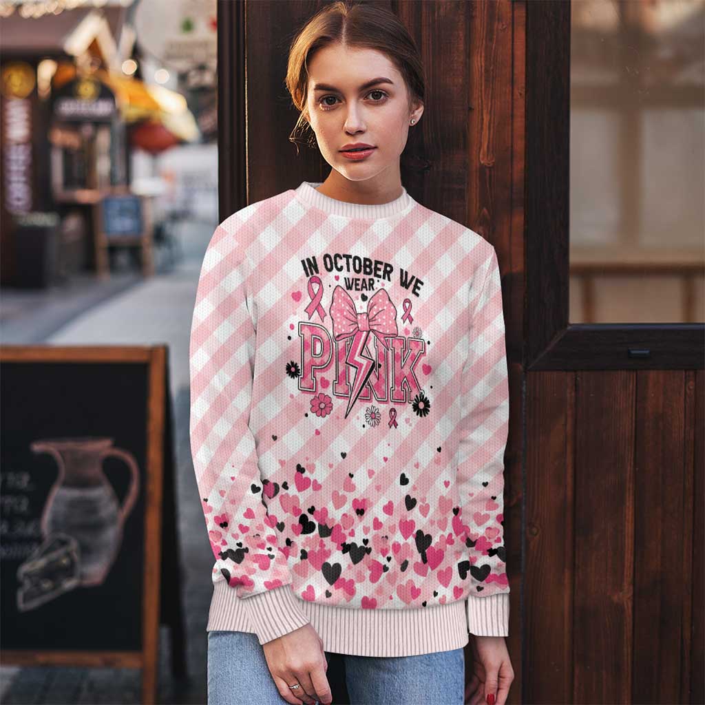 In October We Wear Pink Ugly Christmas Sweater Pink Pretty Bow Pastel Gingham - Wonder Print Shop