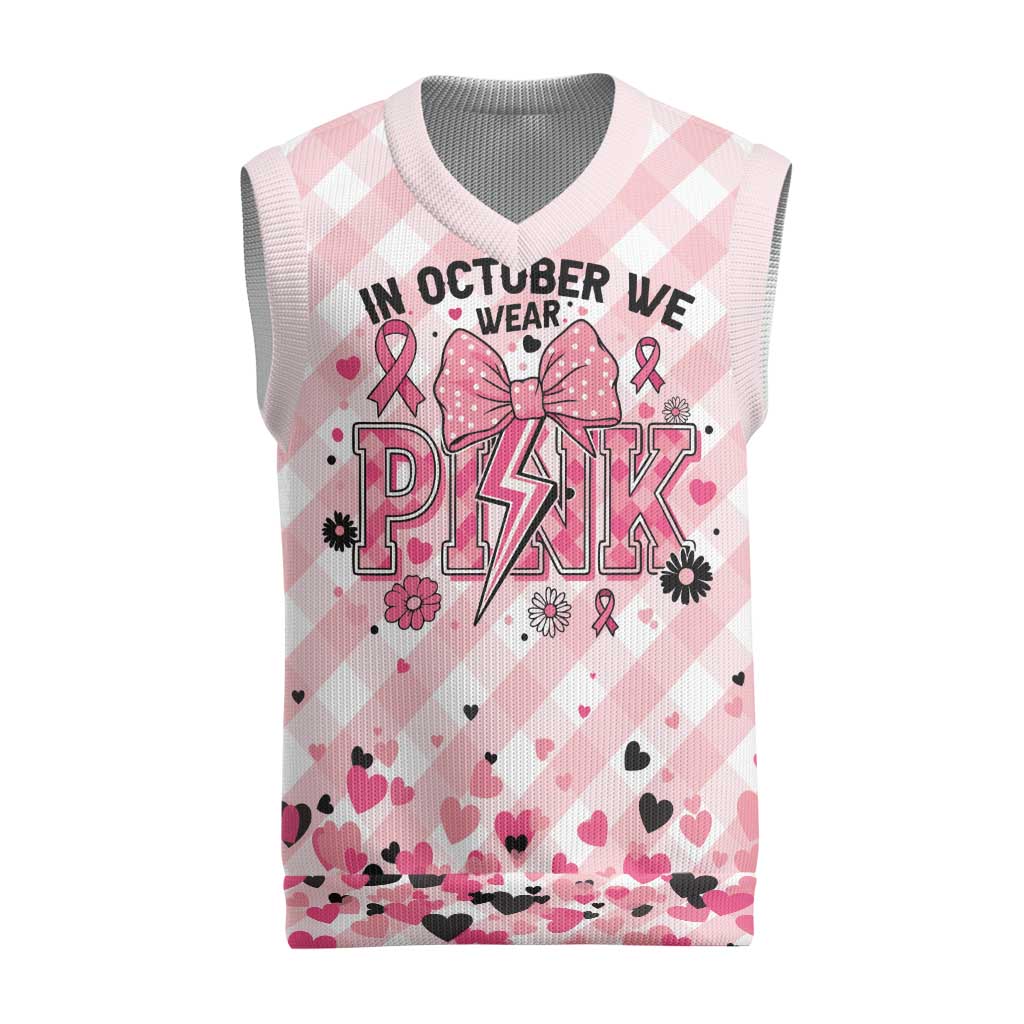 In October We Wear Pink Christmas Knitted V-Neck Vest Pink Pretty Bow Pastel Gingham - Wonder Print Shop
