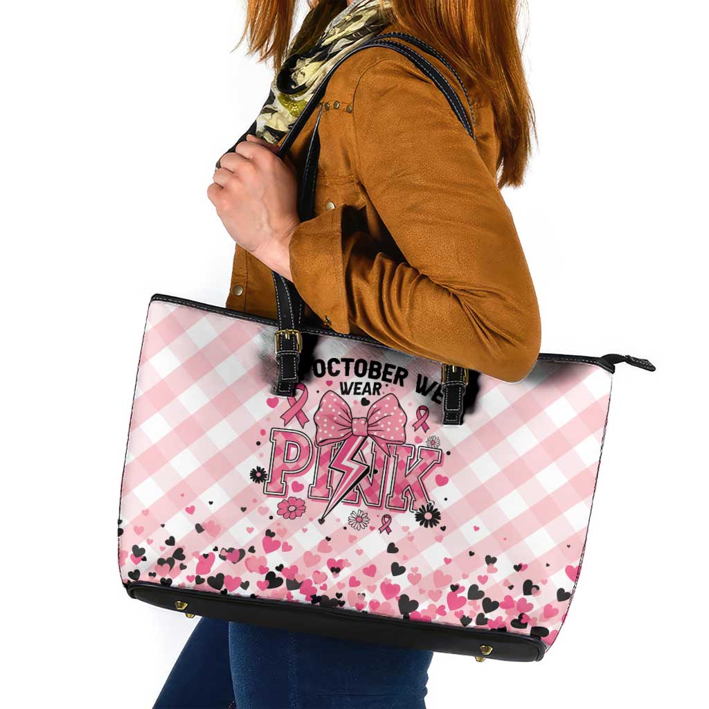 In October We Wear Pink Leather Tote Bag Pink Pretty Bow Pastel Gingham - Wonder Print Shop