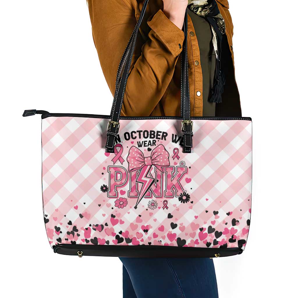 In October We Wear Pink Leather Tote Bag Pink Pretty Bow Pastel Gingham - Wonder Print Shop