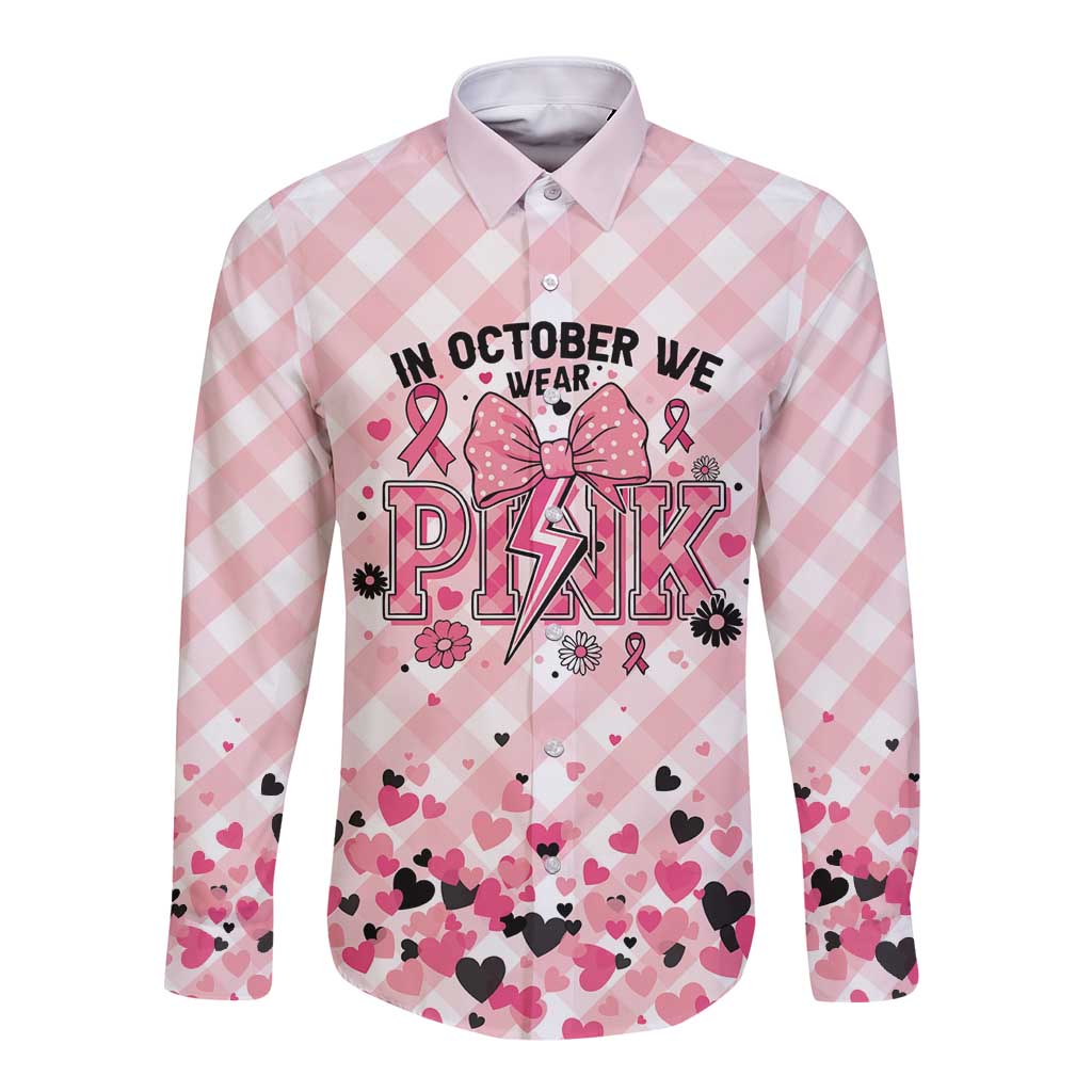 Personalized In October We Wear Pink Long Sleeve Button Shirt Pink Pretty Bow Pastel Gingham - Wonder Print Shop