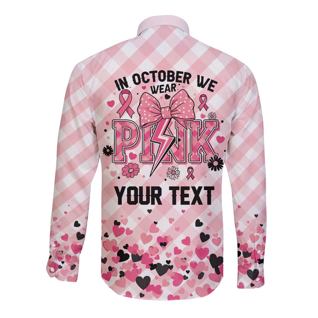 Personalized In October We Wear Pink Long Sleeve Button Shirt Pink Pretty Bow Pastel Gingham - Wonder Print Shop