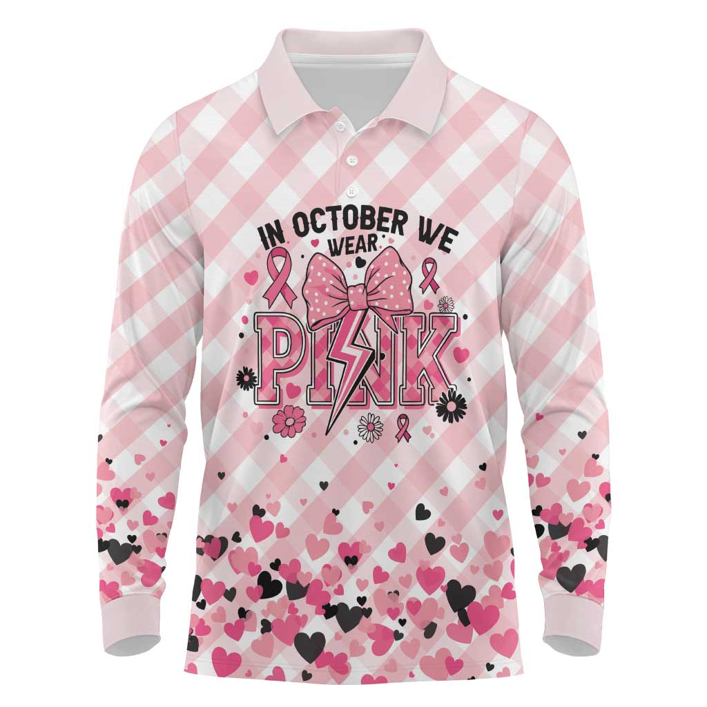 Personalized In October We Wear Pink Long Sleeve Polo Shirt Pink Pretty Bow Pastel Gingham - Wonder Print Shop