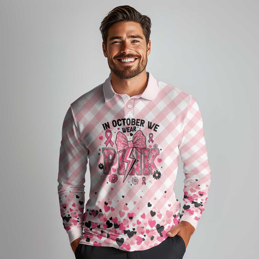 Personalized In October We Wear Pink Long Sleeve Polo Shirt Pink Pretty Bow Pastel Gingham - Wonder Print Shop