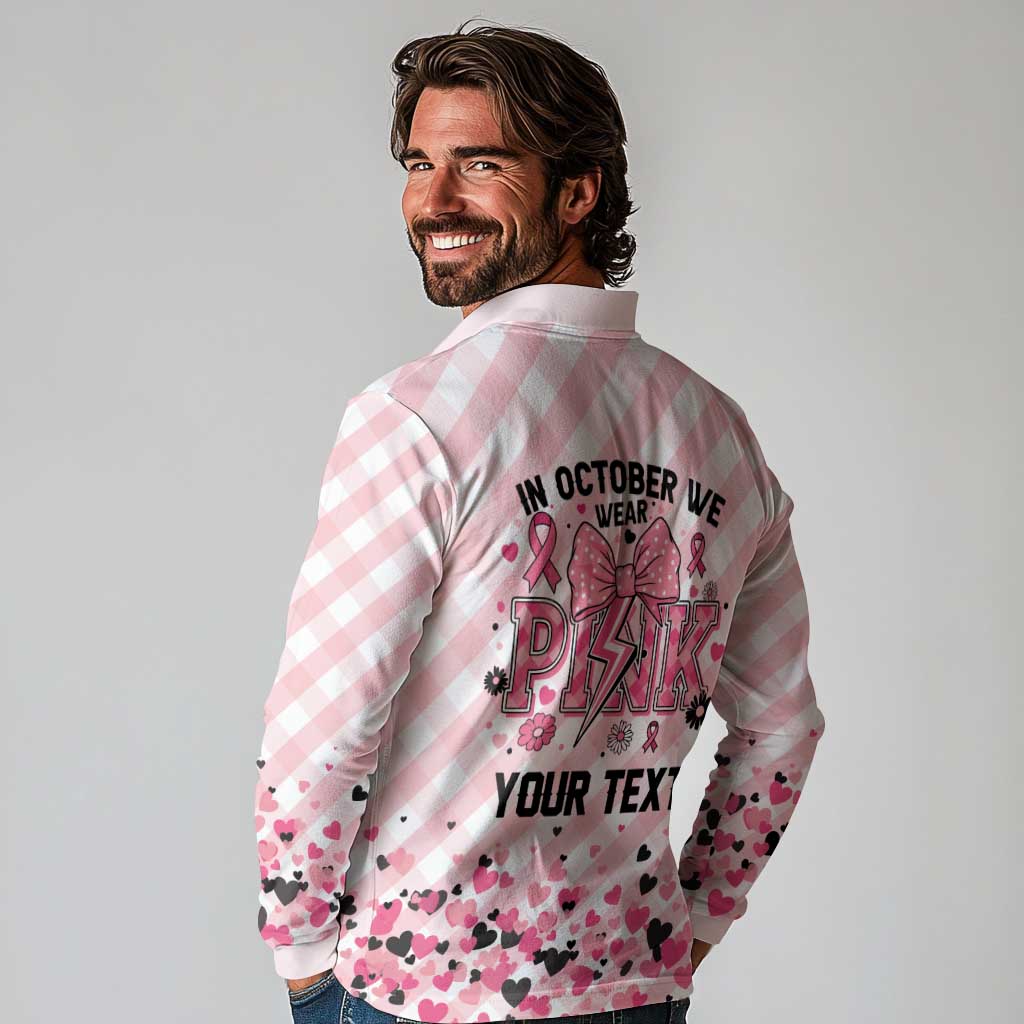 Personalized In October We Wear Pink Long Sleeve Polo Shirt Pink Pretty Bow Pastel Gingham - Wonder Print Shop