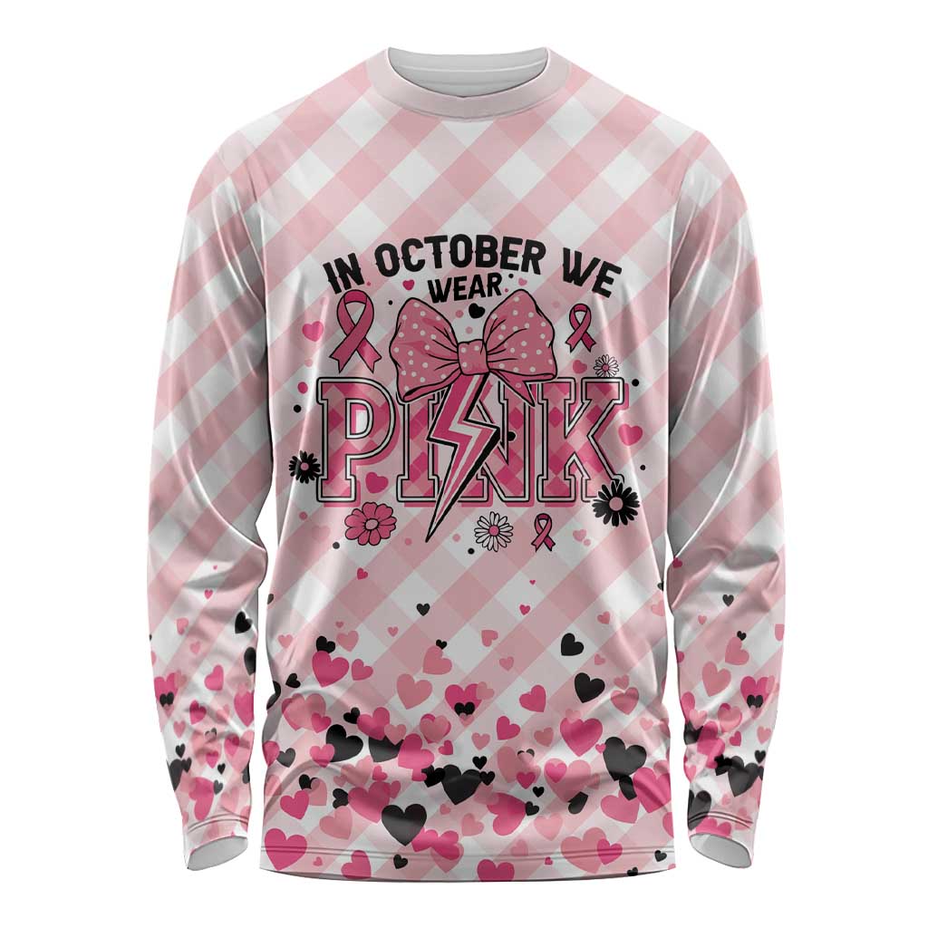 Personalized In October We Wear Pink Long Sleeve Shirt Pink Pretty Bow Pastel Gingham - Wonder Print Shop