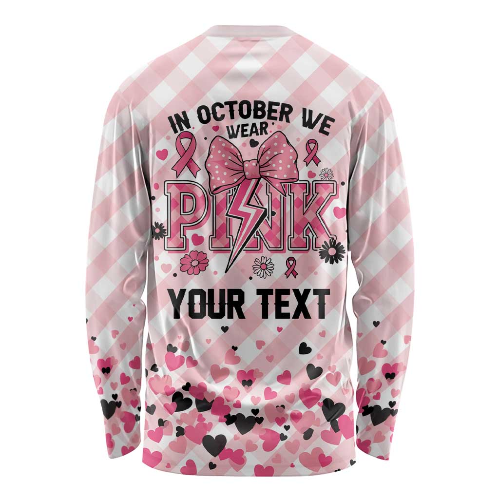 Personalized In October We Wear Pink Long Sleeve Shirt Pink Pretty Bow Pastel Gingham - Wonder Print Shop